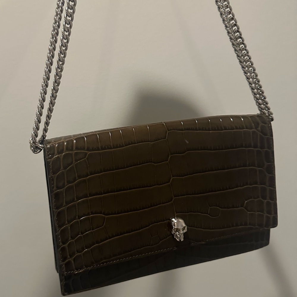 Alexander McQueen Dark Brown Croc-Embossed Crossbody Bag